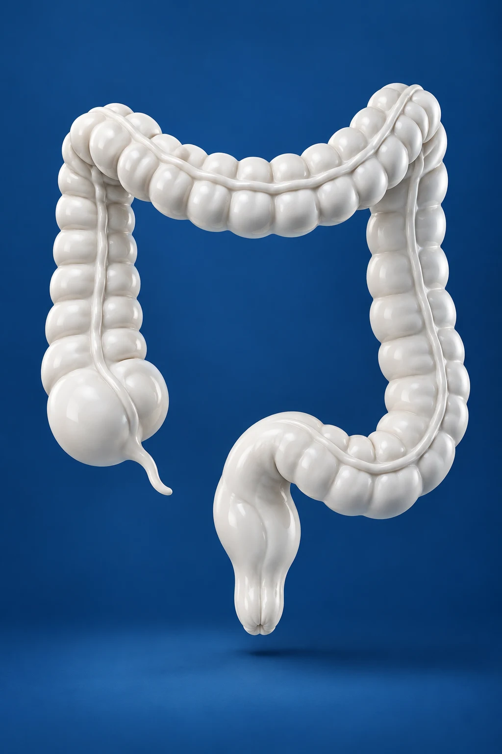 Escultura artística del colon y recto en porcelana blanca sobre un fondo azul